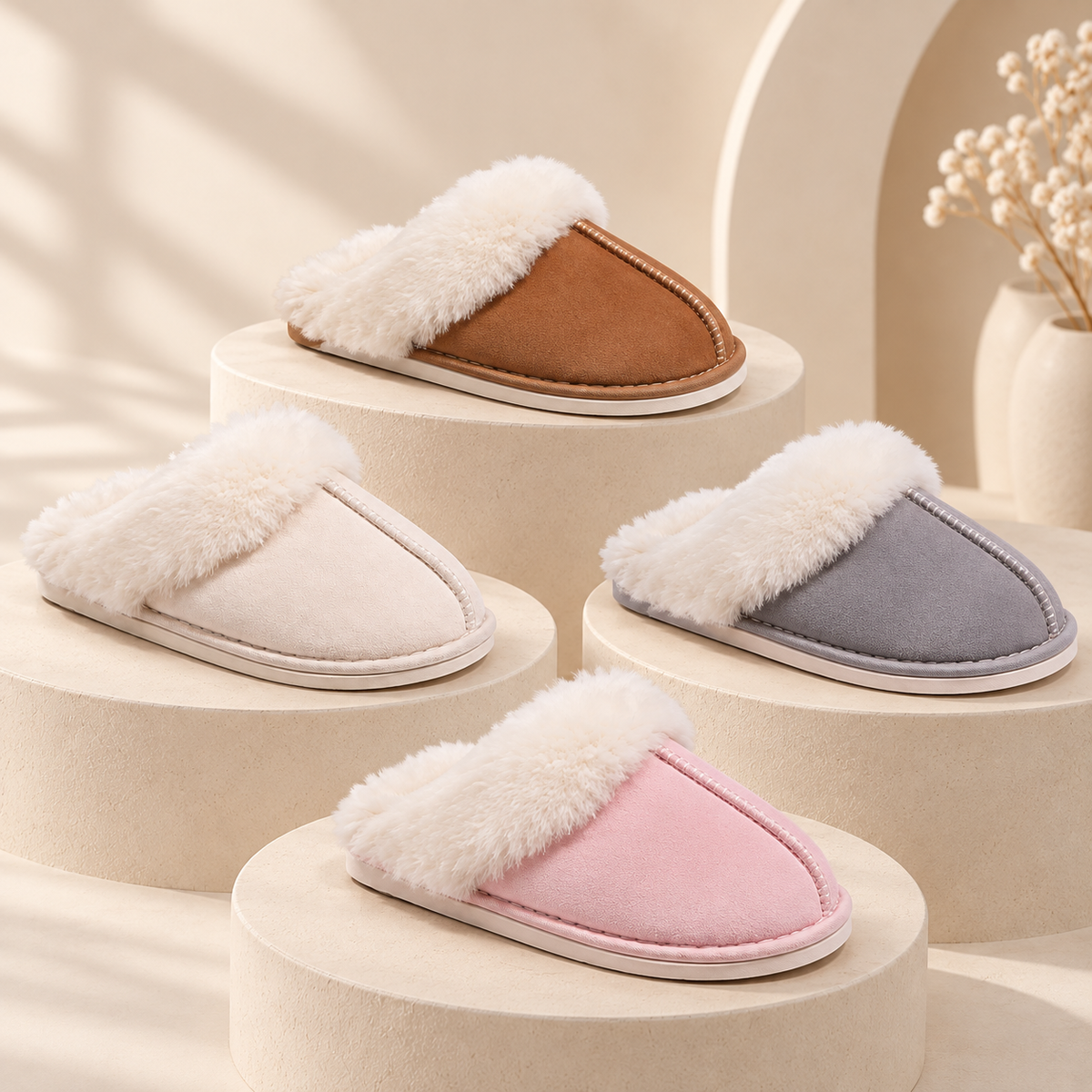 Fur-lined suede slippers resting on a light wooden floor beside a sunlit window, with a softly blurred knit throw and ceramic mug nearby